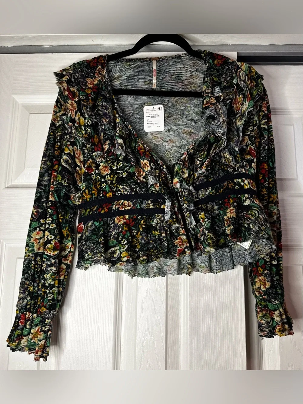 Free People Black and Multicolor Floral Ruffle Long Sleeve Blouse - Size S NWT